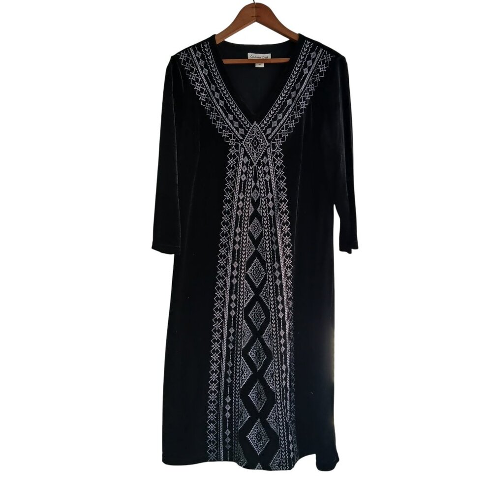 Coldwater Creek Black Velvet Boho Midi Dress with White Embroidery Front Size PM